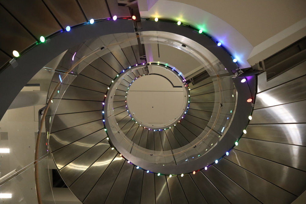 The spiral staircase in the BBB, looking up.