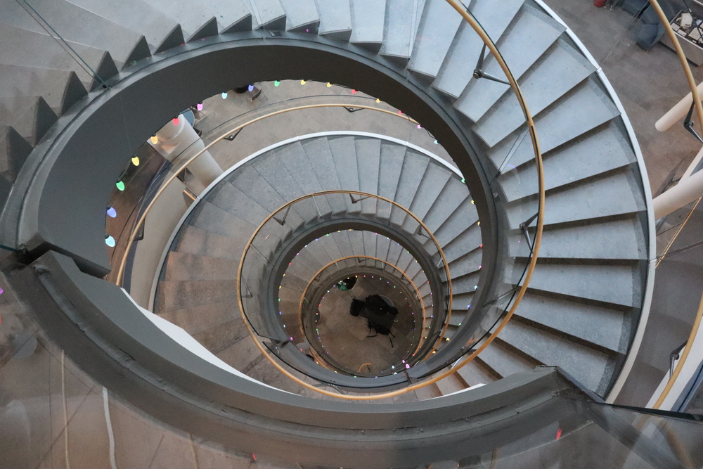 The spiral staircase in the BBB, looking down.